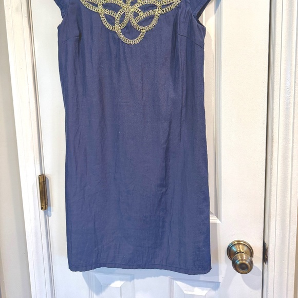 Julie Brown - Size 2 - Navy, Silk, Gold Embellished Neck Line, Shift Dress - Picture 2 of 9